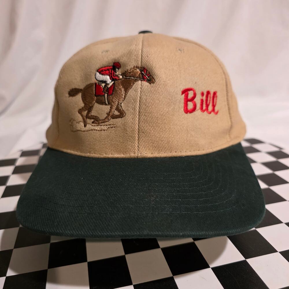 Vintage Horse Racing Jockey Strapback Hat Bill Personalized Tan Green 90s
